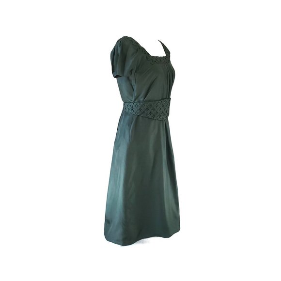 Hoss Intropia Hunter Green Silk Belted Midi Dress Cummerbund Tie Size 36 Medium - Picture 3 of 8